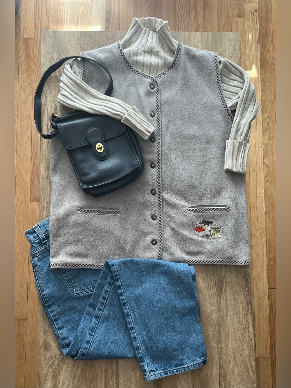 Beige Button-Front Knit Vest with Contrast Trim